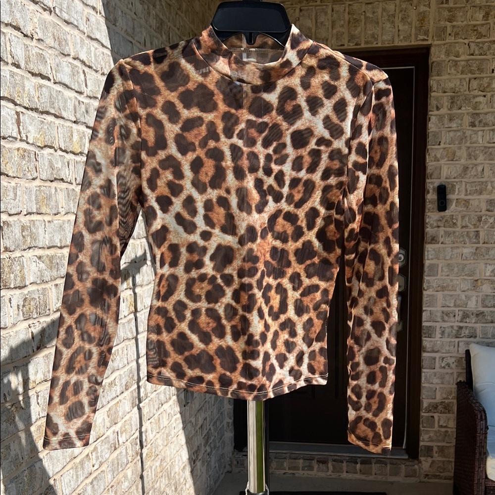SHEIN Brown Leopard Print Long Sleeve Mock Neck Top